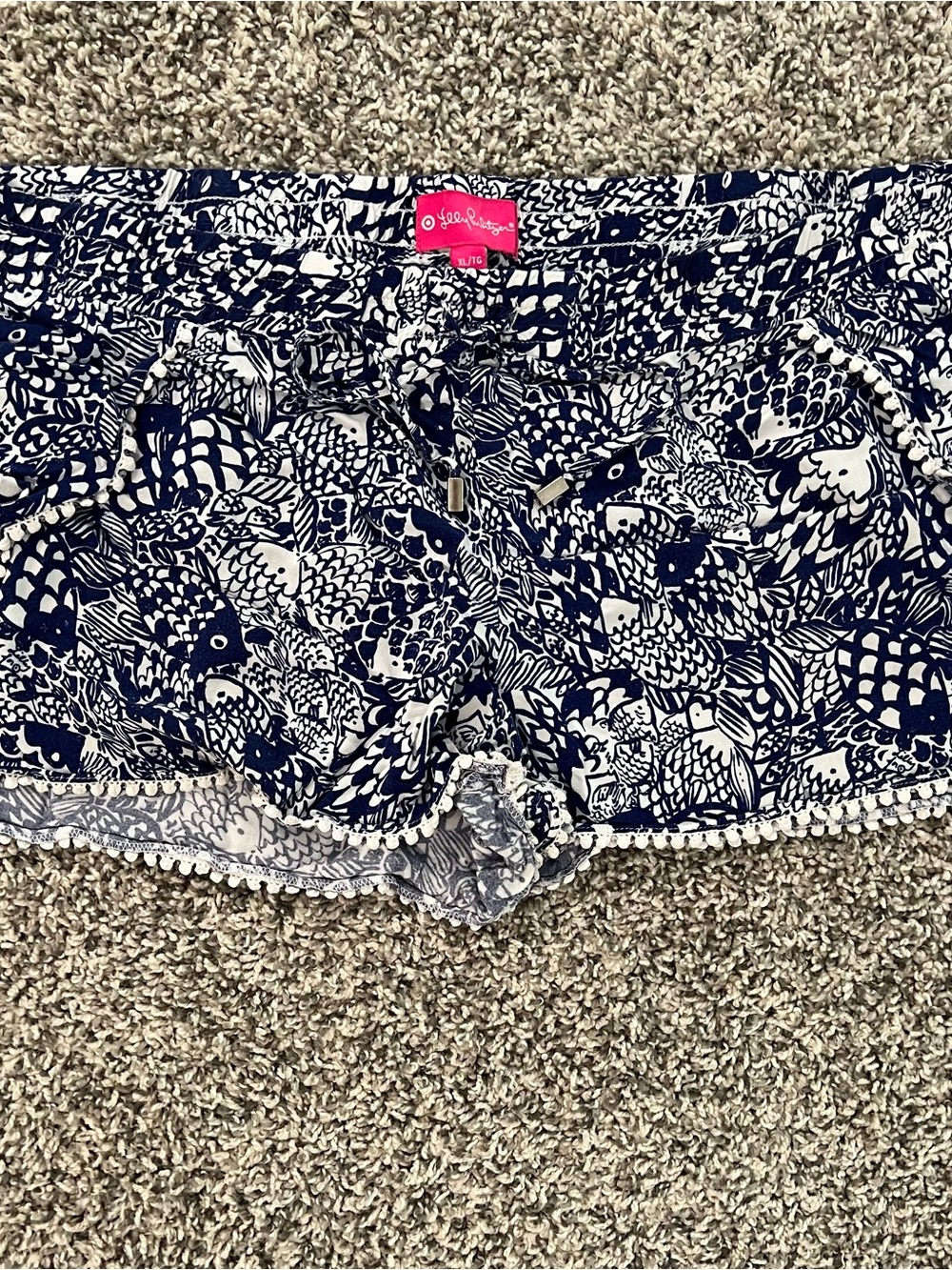 Lilly Pulitzer Navy and White Printed Lace-Trim Shorts